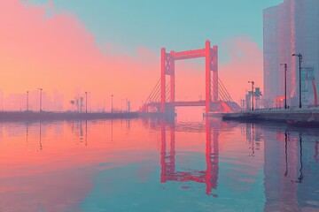 Naklejka premium Stylized urban sunset with a striking red bridge reflected in vibrant water.