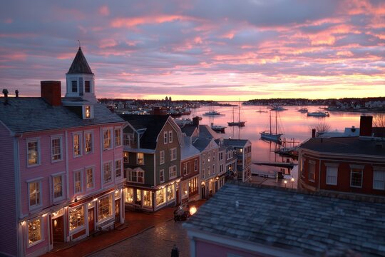 A picturesque harbor town at sunset with colorful sky and charming historic buildings.