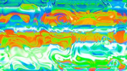 Abstract psychedelic glitch waves with neon colors, distorted digital fluid texture and VHS scanline effect