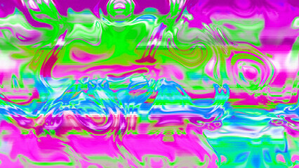 Abstract psychedelic glitch waves with neon colors, distorted digital fluid texture and VHS scanline effect