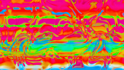 Abstract psychedelic glitch waves with neon colors, distorted digital fluid texture and VHS scanline effect