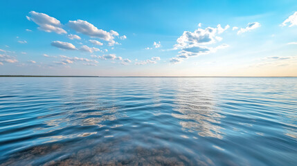 Obraz premium Calm lake reflecting clouds under blue sky creates serene atmosphere