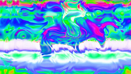 Abstract psychedelic glitch waves with neon colors, distorted digital fluid texture and VHS scanline effect