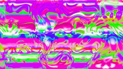 Abstract psychedelic glitch waves with neon colors, distorted digital fluid texture and VHS scanline effect