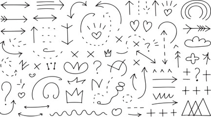Obraz premium Hand-Drawn Doodle Icons with Arrows, Hearts, Stars, and Abstract Shapes on White Background