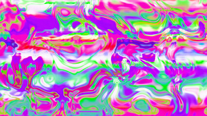 Abstract psychedelic glitch waves with neon colors, distorted digital fluid texture and VHS scanline effect