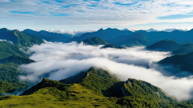 Majestic mountains covered lush greenery, with clouds rolling over peaks, creating dreamy