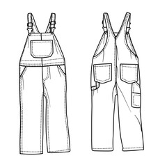 Black and white line art of childrens overalls, showcasing front and back perspectives, denim texture.