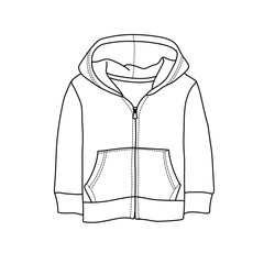 A simple black and white line art illustration of a childs hooded sweatshirt featuring a front zipper closure and two kangaroo-style pockets, perfect for design templates.