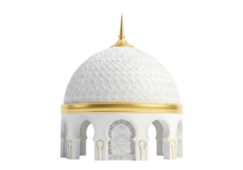 Elegant white islamic dome with intricate golden details, isolated on transparent background