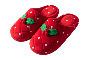 Cozy red quilted slippers with white polka dots and holly berry accents, isolated on transparent background