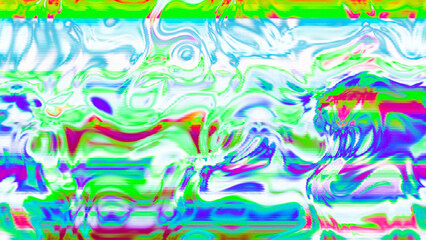 Abstract psychedelic glitch waves with neon colors, distorted digital fluid texture and VHS scanline effect