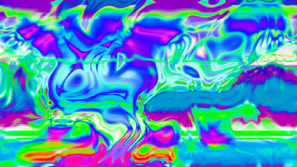 Abstract psychedelic glitch waves with neon colors, distorted digital fluid texture and VHS scanline effect