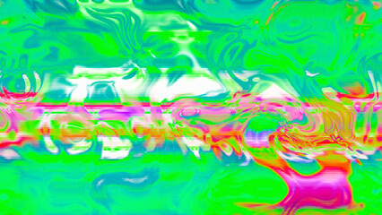 Abstract psychedelic glitch waves with neon colors, distorted digital fluid texture and VHS scanline effect