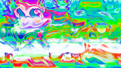 Abstract psychedelic glitch waves with neon colors, distorted digital fluid texture and VHS scanline effect