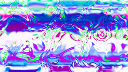 Abstract psychedelic glitch waves with neon colors, distorted digital fluid texture and VHS scanline effect