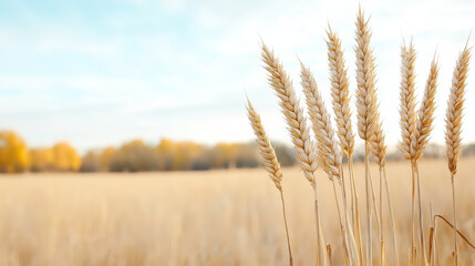 Fototapeta premium Golden wheat stalks sway gently in serene field under clear sky