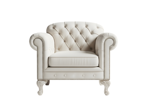 A luxurious tufted chesterfield armchair upholstered in cream fabric, isolated on transparent background