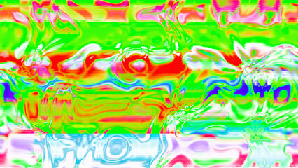 Abstract psychedelic glitch waves with neon colors, distorted digital fluid texture and VHS scanline effect