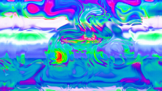 Abstract psychedelic glitch waves with neon colors, distorted digital fluid texture and VHS scanline effect