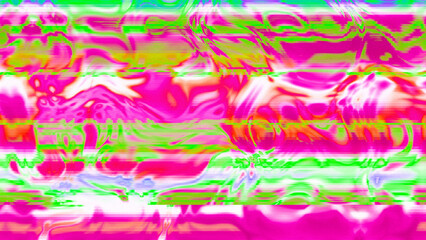 Abstract psychedelic glitch waves with neon colors, distorted digital fluid texture and VHS scanline effect