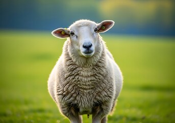 Fototapeta premium A fluffy white sheep stands in a vibrant green pasture, looking directly at the viewer with a calm expression.