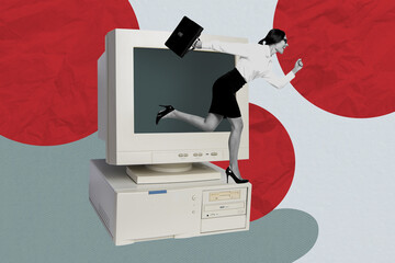 Exclusive zine art pop trend collage of happy freelancer businesswoman run pc monitor desktop it-specialist occupation manager