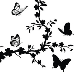 Butterfly and floral branch silhouette vector illustration showing flying butterflies on blooming twigs for decorative nature art and design projects.