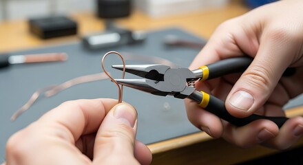 Crafting intricate wire creations, jeweller shaping copper with precision tool
