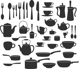 Kitchen utensils and cookware silhouette vector illustration collection including cups, teapots, pans, cutlery, and tableware for culinary design use.