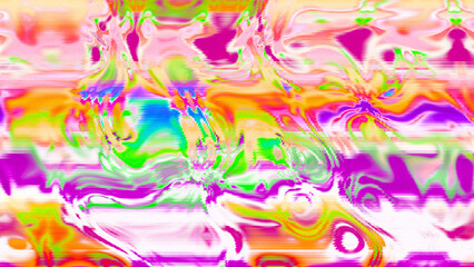 Abstract psychedelic glitch waves with neon colors, distorted digital fluid texture and VHS scanline effect
