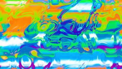 Abstract psychedelic glitch waves with neon colors, distorted digital fluid texture and VHS scanline effect