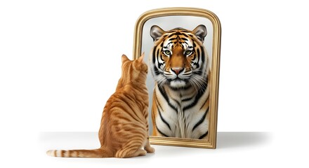 Small cat sees a powerful tiger in the mirror reflection