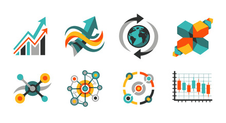 Fototapeta premium Dynamic business growth icons showcase upward trends, global connectivity, data analytics, network structures, and financial market performance for modern strategy planning.