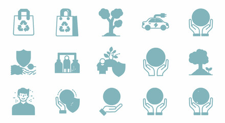 Embrace sustainability with vibrant eco-friendly icons depicting global care, renewable energy, and green initiatives for a healthier planet.