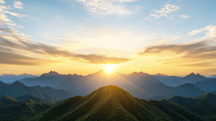 Fototapeta premium Breathtaking mountains under vibrant sunset, showcasing layers of peaks and tranquil skies