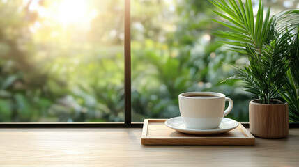 Serene coffee setup with cup on wooden tray, surrounded by lush greenery and sunlight