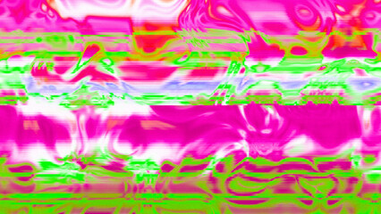Abstract psychedelic glitch waves with neon colors, distorted digital fluid texture and VHS scanline effect