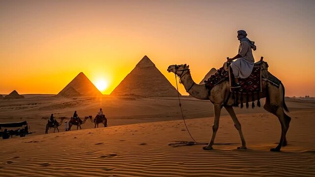 Experience ancient wonders: Camel ride adventure through Egyptian desert near pyramids