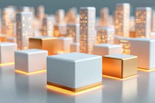 Futuristic abstract cityscape of glowing cubes and interconnected data points