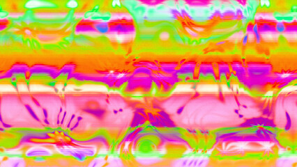Abstract psychedelic glitch waves with neon colors, distorted digital fluid texture and VHS scanline effect