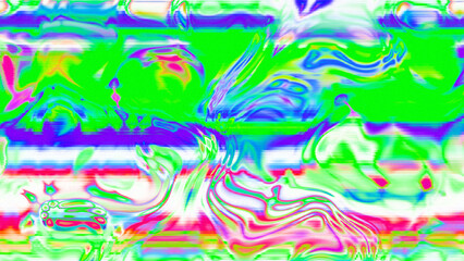 Abstract psychedelic glitch waves with neon colors, distorted digital fluid texture and VHS scanline effect