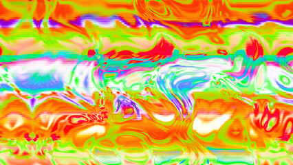 Abstract psychedelic glitch waves with neon colors, distorted digital fluid texture and VHS scanline effect