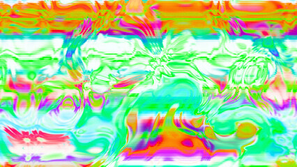 Abstract psychedelic glitch waves with neon colors, distorted digital fluid texture and VHS scanline effect
