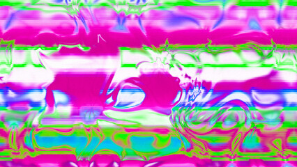 Abstract psychedelic glitch waves with neon colors, distorted digital fluid texture and VHS scanline effect