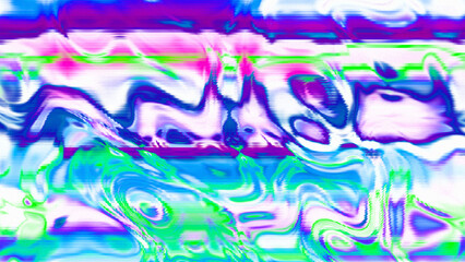 Abstract psychedelic glitch waves with neon colors, distorted digital fluid texture and VHS scanline effect