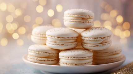 白いチョコレートマカロンのクローズアップ、柔らかいカフェ背景 / Close-up of White Chocolate Macarons with Soft Café Background