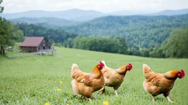 Chickens roam freely on a farm in the countryside