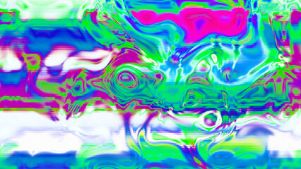 Abstract psychedelic glitch waves with neon colors, distorted digital fluid texture and VHS scanline effect