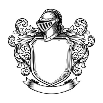 Coat of Arms Crest with Heraldic Knight Helmet & Royal Family Shield